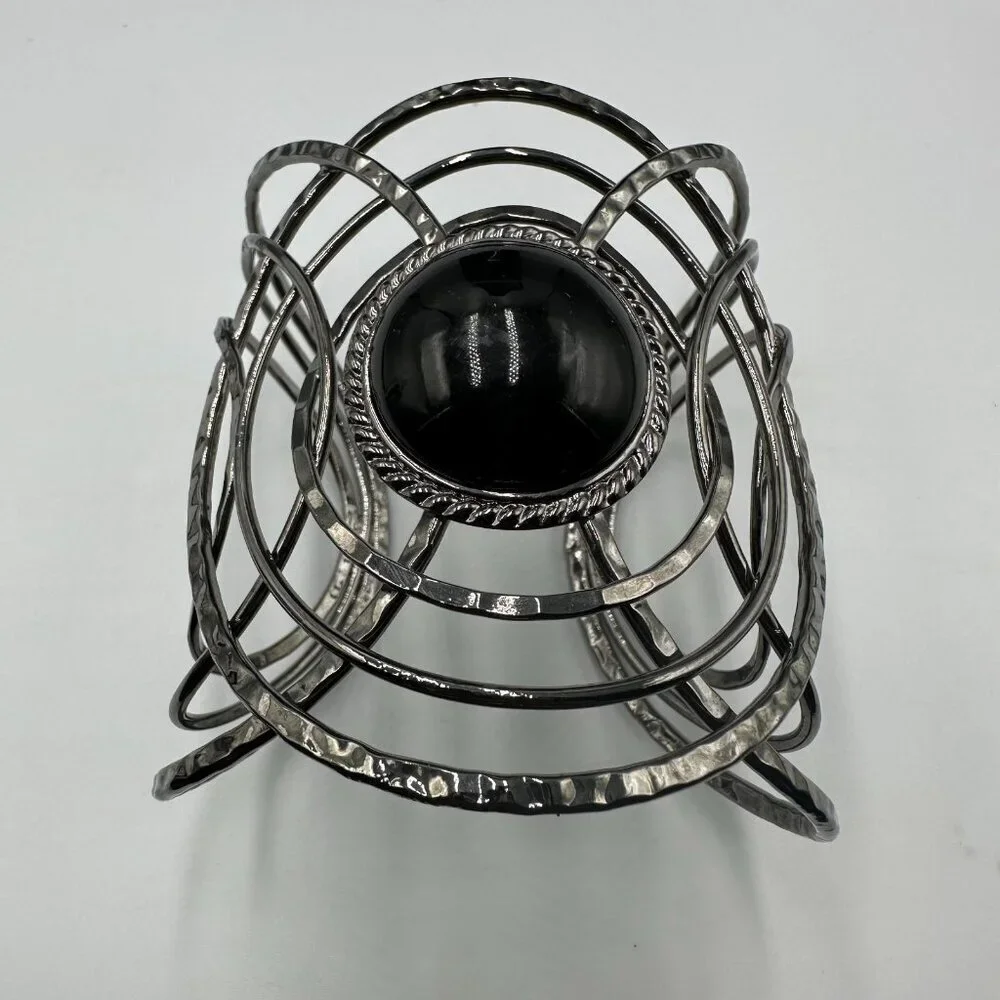 3/$30 Black Acrylic Cabochon Cuff Bracelet Hammered Wire Sculptural Statement